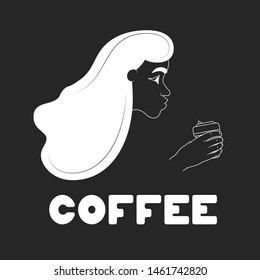 Concept poster with girl blowing on hot coffee cup. Template for cafe sign, shop or house.