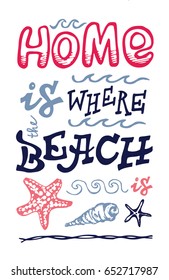 Concept Poster. Handgezeichnete doodle Sea Illustration. Zuhause ist der Strand.