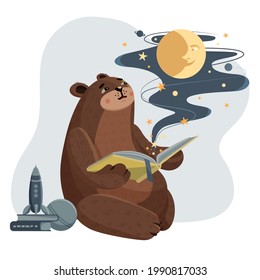 the concept of a poster for the nursery. bear with a book. the moon, stars, and clouds fly out of the book.