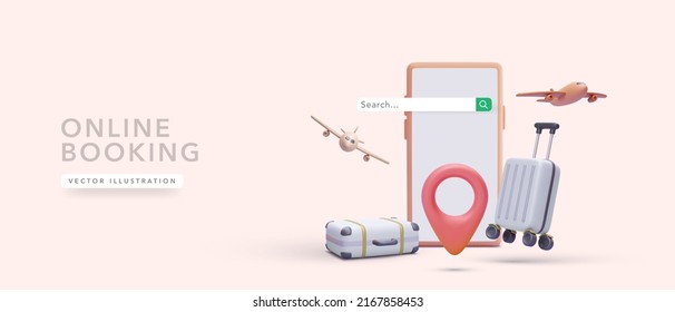Concept poster to online booking service in 3d realistic style. Vector illustration