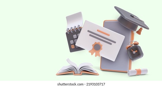 Concept poster for online education in 3d realistic style. Vector illustration