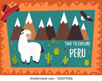 Concept poster of Peru with cute lama and tourist destinations