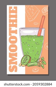 Concept of poster for smoothie menu that shows glass with drink of fresh fruits, vegetables in sketch vector illustration. Vitamin delicious drink for healthy lifestyle from fresh ingredients