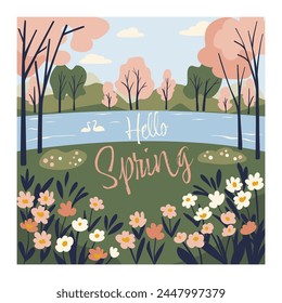 Concept poster Spring park with pink blooming tree and lake. Landscape flat vector illustration