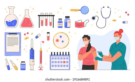 Concept poster with various objects that stand the invention of the vaccine and vaccination. Nurse makes a vaccine to patient. Immunity health. Flat illustration isolated on white background. 