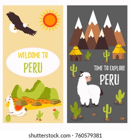 Concept posters of Peru with cute lamas and tourist destinations