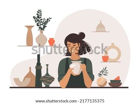 Concept pottery studio. A woman is making a clay vase. Creation of handmade ceramics. Vector illustration.
