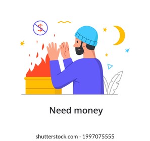 The concept of poverty, bankruptcy, need with a poor young bearded man warming himself at night by the fire in a barrel. Outline minimal style flat cartoon vector illustration