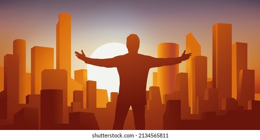 Concept of power and capitalism with a businessman who faces the skyscrapers of a metropolis, spreading his arms.