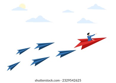 concept of power to control or influence people, Leadership to guide team direction to success, determination or decision, confident businessman leading origami paper airplane.