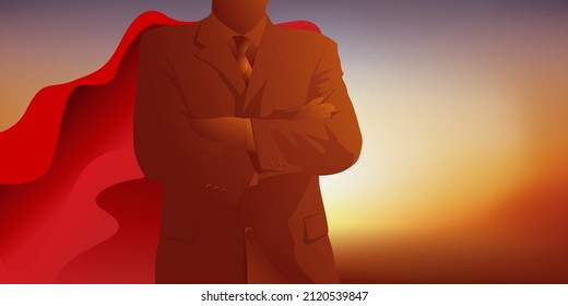 Concept of power and leadership with the symbol of a businessman dressed as a superhero who comes to take up a challenge.