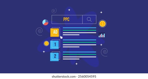 Concept of PPC advertising, Pay per click campaign, Search marketing data analytics, Paid marketing - vector illustration background with icons