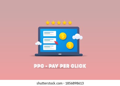 Concepto de PPC, marketing de pago por clic, marketing de motores de búsqueda, SEM, publicidad digital - ilustración vectorial con iconos y textos