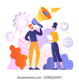 Concept of PR. Man with loudspeaker next to woman. Building brand and promoting person and product, popularity. Marketing and advertising. Cartoon flat vector illustration