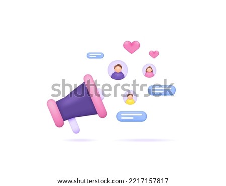 a concept of PR or public relations, digital marketing, promotions or announcements. symbol or icon of big loudspeaker or megaphone, people, love. 3d and realistic illustration concept design. graphic