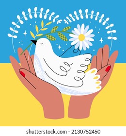 Concept pray for peace in Ukraine. Banner with a dove in the hands of a symbol of no war, world peace and peace day. Hand drawn vector illustration.