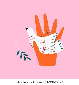 Concept pray for peace in Ukraine. Banner with a dove in the hand of a symbol of no war, world peace and peace day, humanity. Hand drawn vector illustration.