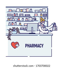 Concept Of Precautionary Measures During Quarantine. Woman Pharmacist Sale Drugs In The Protective Mask In Pharmacy For Prevention of Viral Infection. Cartoon Linear Outline Flat Vector Illustration
