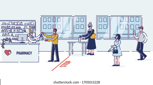 Concept Of Precautionary Measures During Quarantine. People Stand In A Queue In Pharmacy Wearing Protective Masks And Following The Distance. Cartoon Linear Outline Flat Style. Vector Illustration