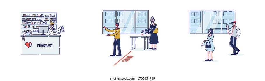 Concept Of Precautionary Measures During Quarantine. Men And Women Stand In A Queue In Pharmacy Wearing Protective Masks, Disinfect Their Hands. Cartoon Linear Outline Flat Vector Illustrations Set