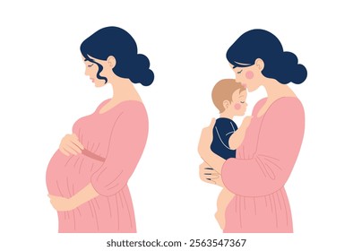 Concept of pregnancy and motherhood. Beautiful pregnant woman and mother with baby in her arms standing sideways. Vector illustration