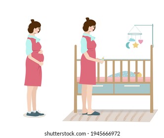 The concept of pregnancy and motherhood. A happy pregnant woman waiting for a baby and a mother at the crib with a baby. A set of images.  Vector illustration.