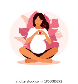 Concept pregnancy, motherhood, yoga, meditation and health care. Illustration in flat style.