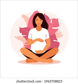 Concept pregnancy, motherhood, yoga, meditation and health care. Illustration in flat style.