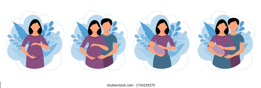 Concept of pregnancy and parenthood  - pregnant woman, woman holding a newborn baby, an expecting couple, parents with a baby. Vector illustrations in cartoon style isolated on white.