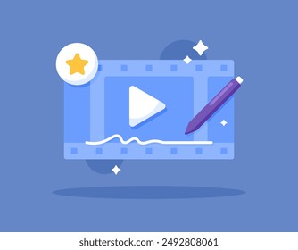 concept of premium or pro video editing application or software. video editor. illustration of film tape with pencil and star symbol. technology. flat style design. graphic elements