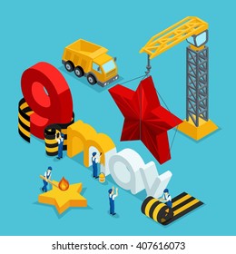 The concept of preparation for the celebration of May 9 isometric model, crane, installation of Red Star, St. George ribbon, paint letters, workers, people working. Vector illustration.