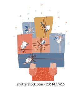 Concept of preparing for the new year. Buying or giving holiday gifts for Christmas. Character barely carries a huge pile of gifts. Front view of man or woman with stack of gift boxes. Flat vector