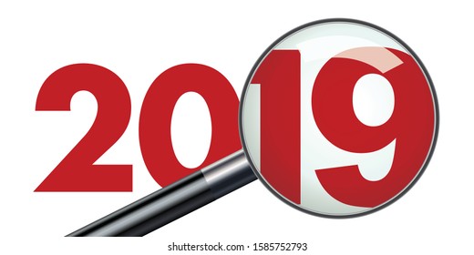 Concept of presentation of a balance sheet for the year 2019 which is seen through a magnifying glass to symbolize the work of analysis