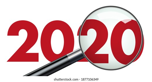 Concept of presentation of a balance sheet for the year 2020 which is seen through a magnifying glass to symbolize the work of analysis.