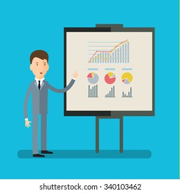 Concept of presentation. Businessman giving a presentation. Flat design, vector illustration