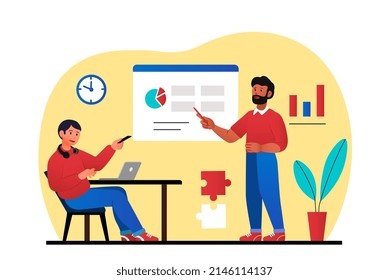 Concept of presentation. Man points to graphs and charts. Information and statistics. Lecture and public speaking, brainstorming and organization development. Cartoon flat vector illustration