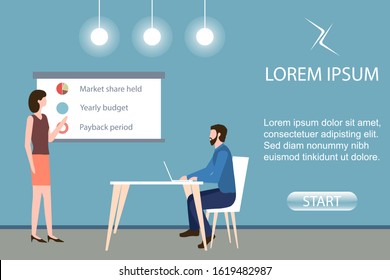 Concept of a presentation, online training and report. A woman is talking at a presentation board with graphs, a man is sitting at a table with a laptop. Vector  template for a website or mobile app.