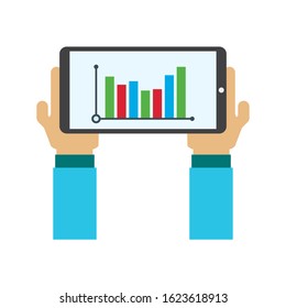 Concept presentation process, male hand holding smartphone, finger touch screen, working business, flat vector illustration of mobile, diagram, chair, phone