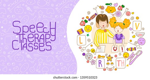 Concept presentation speech therapy. Cute childrens drawings icons in kavai style on the topic of speech therapy. Speech Therapy Concept. Friendly speech and articulation classes