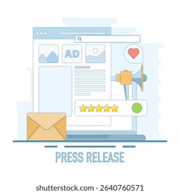 Concept of press release and digital news publishing. Online news and media, Marketing online press media to a wider audience. Online news publishing, Online advertising campaigns.