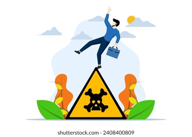 concept of preventing failure or avoiding danger, caution sign. Cautious businessman slips a skull symbol of caution, caution, business risk or warning of trouble. flat vector illustration.