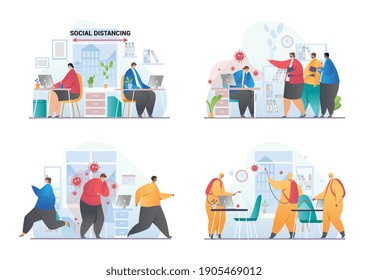 Concept of preventing the spread of covid in the office. Spreading the virus through breathing and coughing Set of flat cartoon vector illustrations isolated on white background