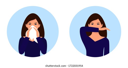 The concept of preventing the spread of viruses. The woman sneezes into her elbow and uses a napkin. Vector illustration.