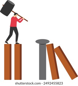 concept of prevention or strategy to avoid danger, business recovery, crisis management, proactive to protect against disaster and risk, businessman installing nails to protect domino effect collapse.