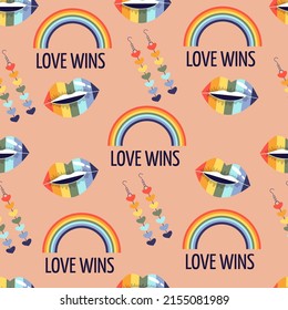 Das Konzept von Pride. Helles Muster mit LGBT-Themenelementen, Regenbogenfarben.   Das Konzept von LGBTQ. Unterstützung für Homosexuelle. Gleichheit und Schutz der Liebe.