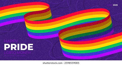 Concept of Pride Month banner. Vector illustration with wavy rainbow ribbon and typography design. Colorful Pride Month background for decoration of LGBT events, social media, cover, branding.