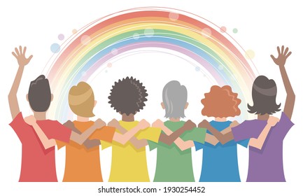 Concept of pride, rainbow, LGBTQ. Diverse people wearing colorful t-shirts arms around each other's shoulders from back. Vector illustration in flat cartoon style.