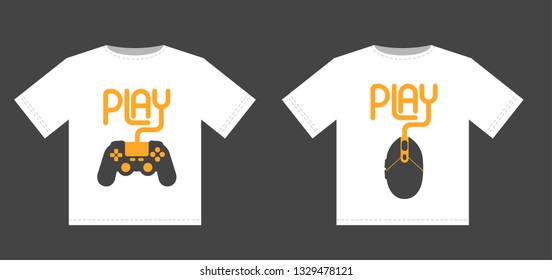 Concept print play videogame lettering with console gamepad controller and computer mouse