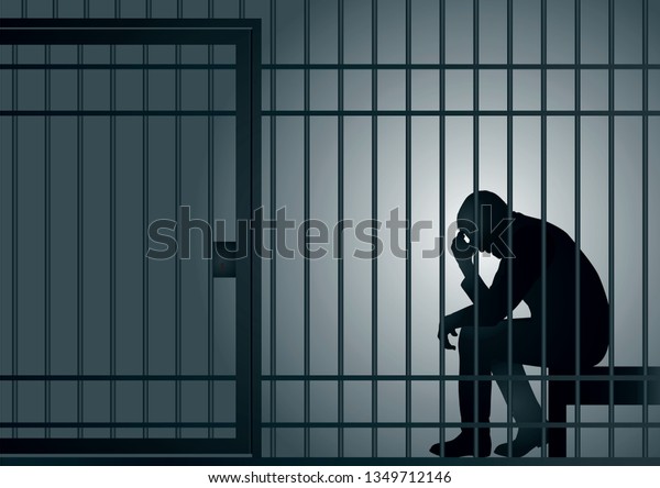 犯人逮捕の刑務所のコンセプト 囚人は独房に座り 自暴自棄になって 両手で頭を抱えている のベクター画像素材 ロイヤリティフリー