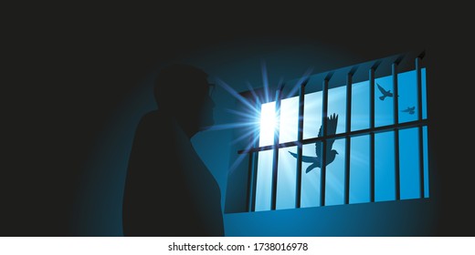 Concept of prison and deprivation of liberty with daylight shining inside a cell through the bars of the window.